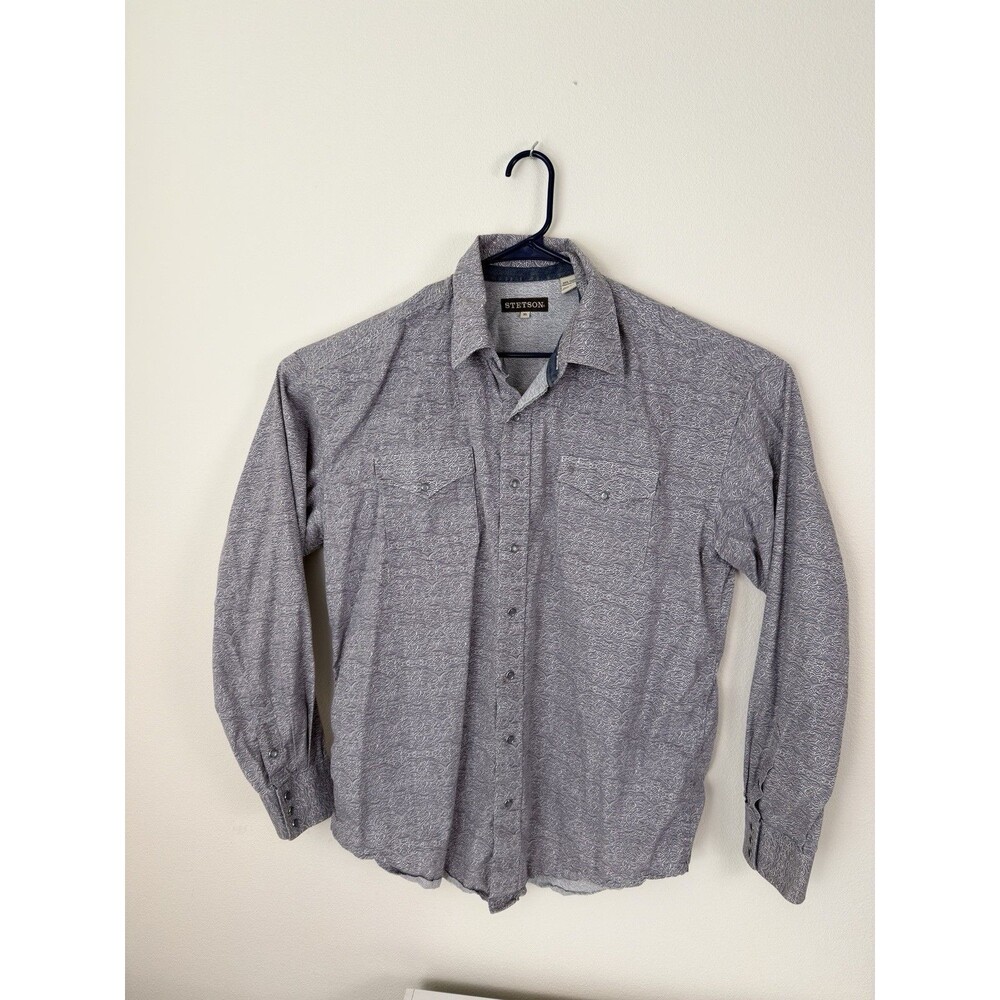 Stetson Western Pearl Snap Shirt Mens XL Gray Paisley Embroidered Cuff Logo